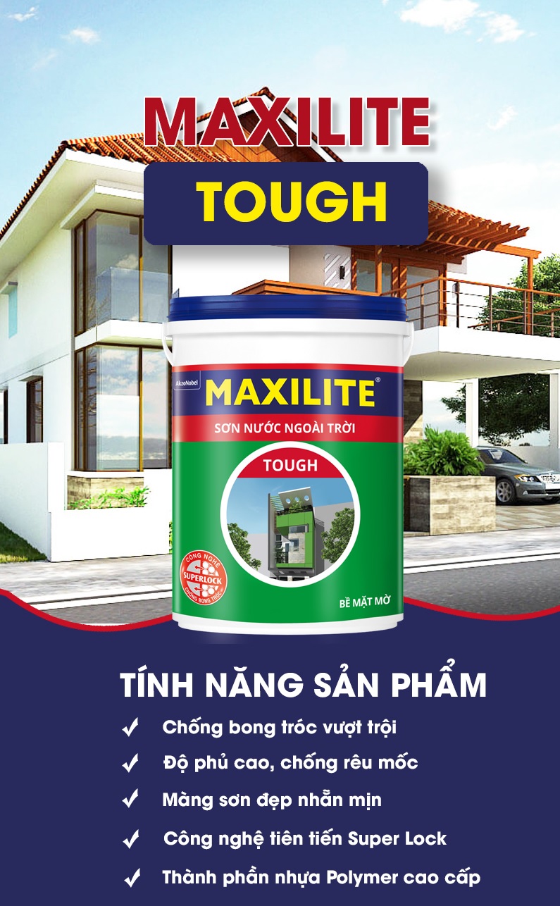 Maxilite Tough là dòng sơn chống thấm ngoài trời với độ bền cao và khả năng chống lại tác động của thời tiết như nắng, mưa, gió,...Mang lại sự bền vững, ổn định và đẹp mắt cho bề mặt, Maxilite Tough sẽ là lựa chọn lý tưởng cho công trình xây dựng của bạn.